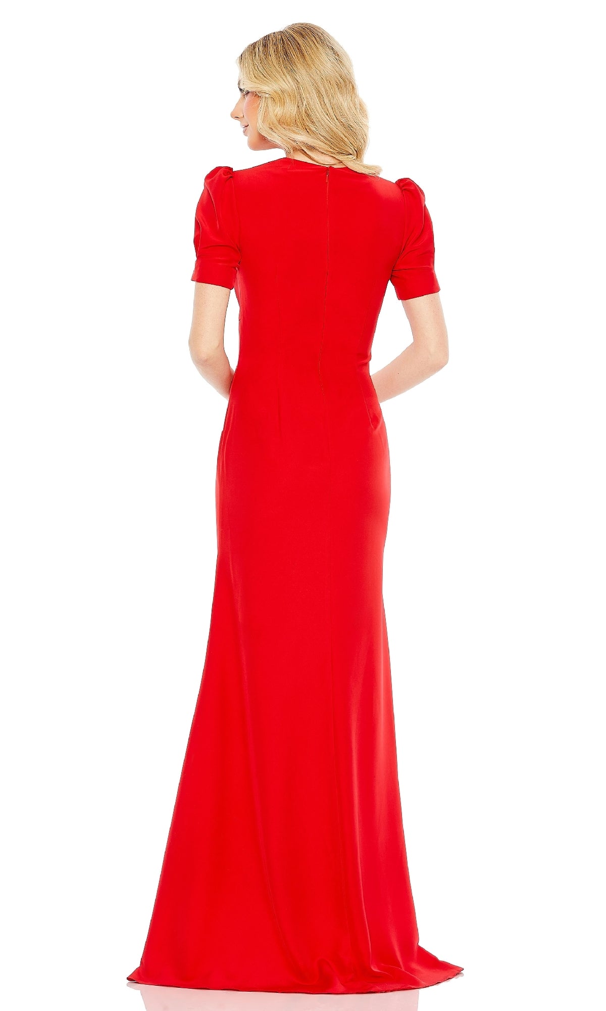 A blonde woman is seen from the back wearing the Mac Duggal 2630 short-sleeve long formal dress in red, set against a white background.
